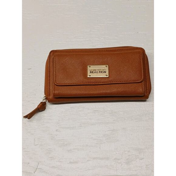 Kenneth Cole Reaction Brown Durable Fashion Leather Cheetah Print Zip Wallet - Picture 1 of 4
